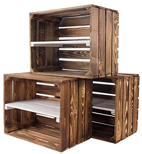 Kontorei® ny flätad / bränd trälåda med mellanskiva vit 50 cm x 40 cm x 30 cm 3 set fruktlåda skohylla