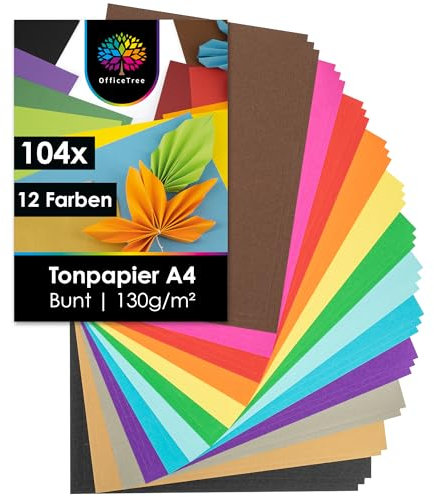 OfficeTree 104 x Tonpapier A4 Bunt 130g - 12 Farben - Buntpapier zum Basteln - Bastelpapier Bunt