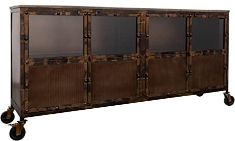 MASSIVMOEBEL24.DE | Heavy Industry Sideboard aus Massivholz #215 | aus Mangoholz - Braun, lackiert | 4 Fächer + Glastüren | 180x40x90 cm | Kommode TV-Sideboard TV-Board