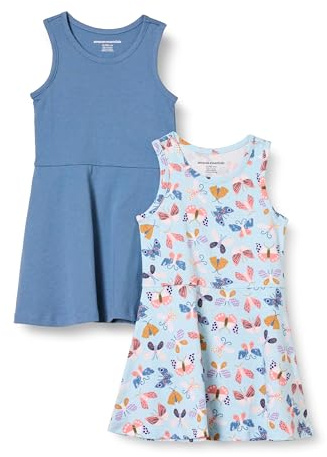 Amazon Essentials Vestidos de Punto sin Mangas Niña, Pack de 2, Azul/Mariposas, 9 años