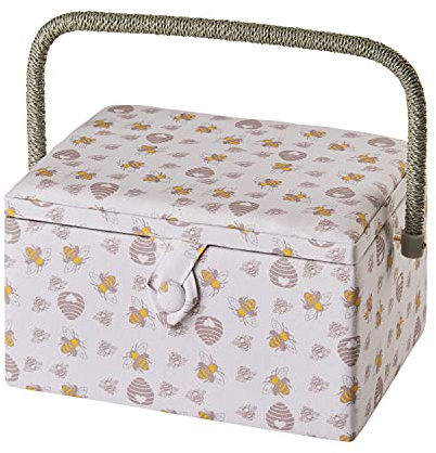 Medium Sewing Box in a Honey Bee Fabric | 26 x 18 x 15cm, Storage and Organiser Basket with Compartments for Sewing Supplies, Accessories, Thread, Needles and Scissors