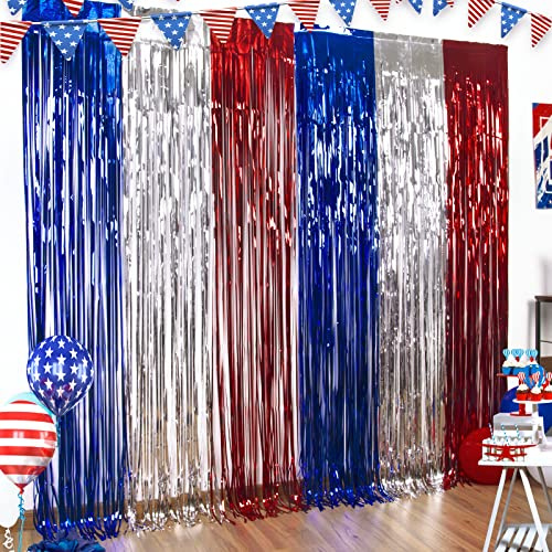 LOLStar 4th of July Decorations, 3 Pack Red White and Blue Metallic Foil Fringe Curtains Streamers Patriotic Photobooth Props Party Backdrop for USA Themed Olympics Election Veterans Day Decor