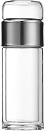 HRB Teekanne mit Siebeinsatz Teeflasche aus doppelwandigen Borosilikatglas silber, Trinkflasche Edelstahl mit einem Volumen von 320 ml, Thermobecher geeignet für Tee, Kaffe u.s.w (Silber)