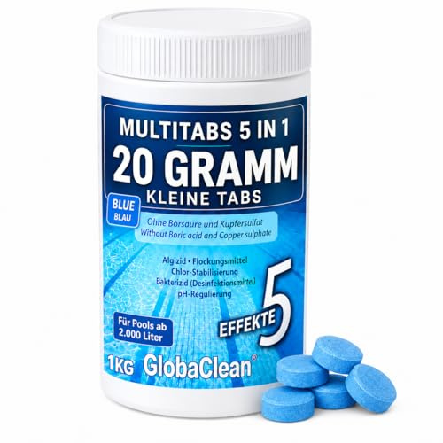 GlobaClean Multitabs für Pool 5 in 1-20g (1kg) - Blue Edition - Premium Chlortabletten für kristallklares Poolwasser - Langzeit Chlor Tabs zur Algenbekämpfung & optischen Wasserveredelung