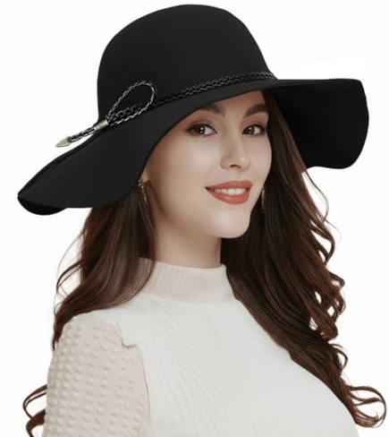 ASSQI Damen 100% Wolle Faltbare breite Krempe Retro Fedora Floppy Filz Bowler Hut, Z-schwarz, Einheitsgröße