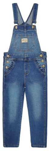 KIDSCOOL SPACE Jeans-Overall für große Mädchen, Gummiband mit 3 Knöpfen innen, dehnbarer, weicher Denim-Overall, Blau, 9–10 Jahre