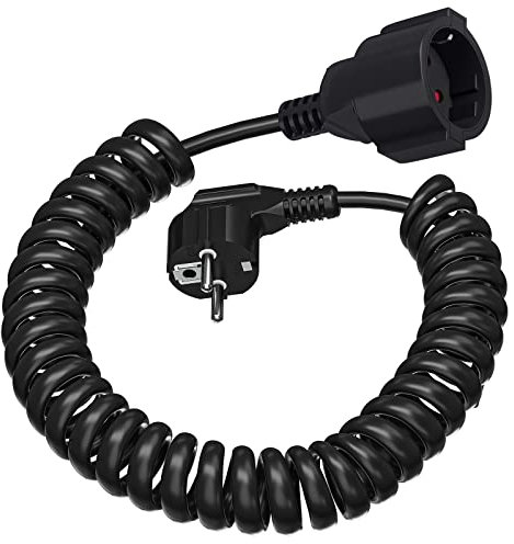 Cavo di Prolunga Schuko, Cavo a Spirale con Contatto di Protezione Estensibile da 0,6 m a 2 m Max, Cavo di Prolunga IP20 (230 V/16 A), Cavo a Spirale 3 x 1,0 mm² con Spina e Attacco Schuko, Nero
