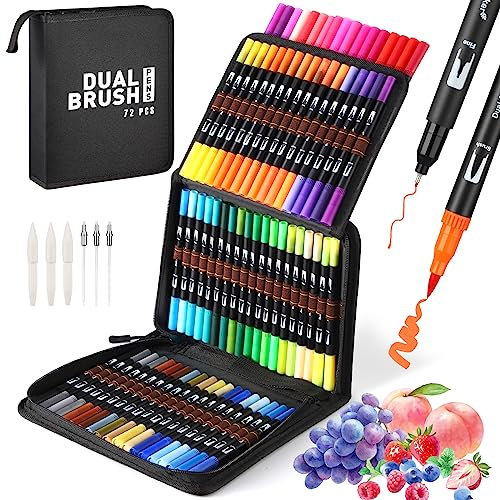 Mzh Art Dual Brush Pen Set 72 Farben Doppelfilzstifte, Malstifte für Kinder und Erwachsene, Faserschreiber und Fineliner Set für Aquarelle, Handlettering Mandala Kalligraphie Manga, 0.4 &1-2mm