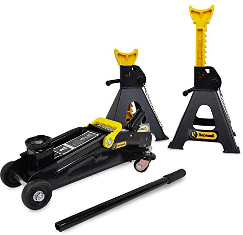 RocwooD Trolley Jack 2 Ton Tonne Hydraulic & Axle Stand Set 3 Ton Floor Lifting Lift Car Van Garage Repair Tool Portable Workshop Equipment