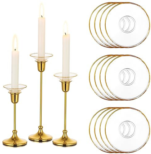 Glasseam Candle Drip Protectors for Candle Stick Candle Holder, Gold Rim Glass Bobeches for Candlesticks Set of 12, Round Wax Catchers for Candles, Taper Candle Holders for Table Centerpiece Wedding