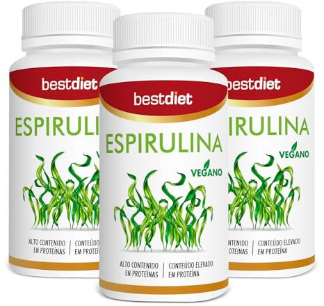 Best Diet - Espirulina en cápsulas, complemento alimenticio vegano rico en proteínas. Pack 3 botes con 100 cápsulas