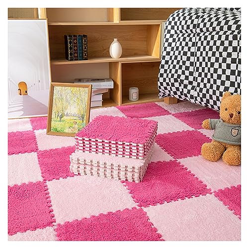 10 Stück Dicke, Ineinandergreifende Schaumstoff-Teppichfliesen, Flauschige Puzzle-Spielmatte, Weiche Plüsch-Teppichquadrate, Teppiche Für Den Heimgebrauch Im Spielzimmer(Color:Rosa+Rosenrot)