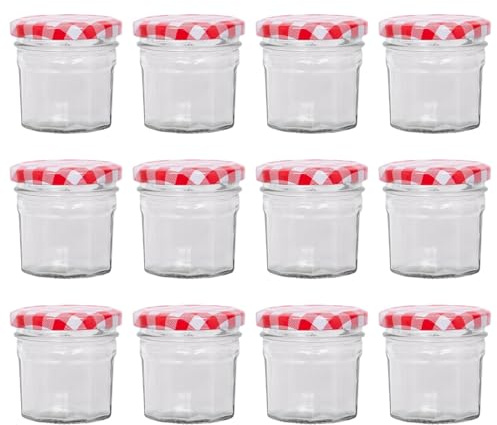 Argon Tableware Glass Jam Jars with Airtight Red Gingham Lids - 90ml - Pack of 12 - Empty Screw Top Kitchen Storage Jar for Food, Honey, Spice, Pickling, Preserving, Candle Making