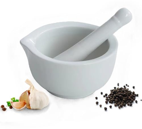 DeJivsin Mortero Cocina Porcelana, Juego de Mortero y Mortero de 10 cm, Mortero de Cocina de Cerámica, con Mortero para Especias, Frutos Secos, Pimienta o Hierbas, Apto para Lavavajillas