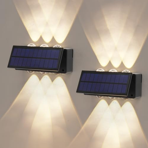 ALLOMN Solar Wall Lights Outdoor, 2 Packs Waterproof Up and Down Solar Powered Wall Lamp Solar Fence Lights Bright Walls Sconce for House Yard Deck Garage Garden Patio Front Porch Walkway