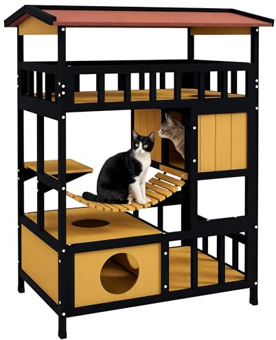 PawHut Casetta per gatti in legno 84x60x116 cm Rifugio per gatti a 4 livelli con ponte sospeso, balcone e tetto in asfalto per interni ed esterni Naturale