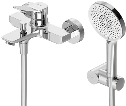 Einhebel-Badewannenarmatur Set, Wannen Bad Armatur in Chrom, Einhebelmischer für Bad, Wasserhahn Silber mit Auslauf, inkl. Handbrause 5 Strahlarten, Wandhalterung und Schlauch - AM.PM X-Joy FXA15000