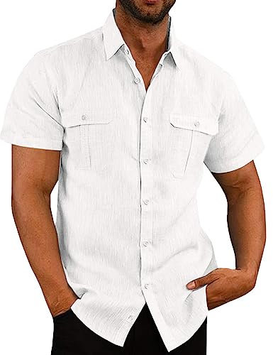Mens Linen Shirts Short Sleeve Button Down Shirts UK Regular Fit Casual Smart Lapel Collar Cotton Linen Blouse Tops Solid Summer Beach Hawaiian Grandad Shirt with Double Pocket White