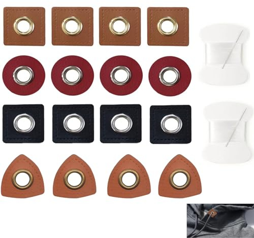 DraCra Paquete de 18 parches con ojales con aguja de hilo transparente, ojales de costura de piel sintética, apliques para sudadera con capucha, bolsa con cordón, pantalones, chaqueta, sombreros de
