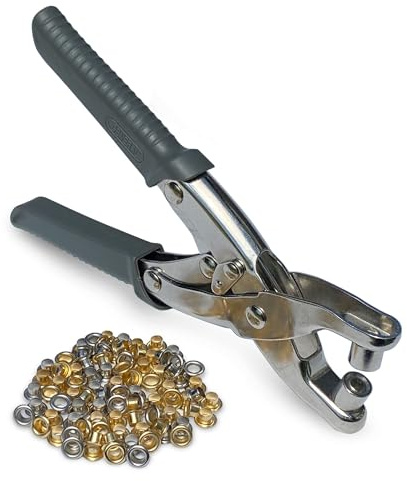General Tools Ösenzange – langlebige und ergonomische Ösenzange mit Komfortgriff zum Einsetzen kleiner Ösen in Leder, Kunststoff, Gummi, Leinwand, Karton und mehr; inklusive 100 mehrfarbigen Ösen