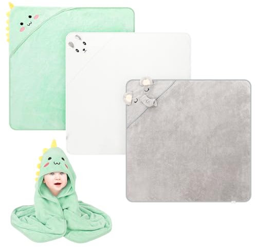Kaisibum 3 Stück Kapuzenhandtuch Baby, 80 x 80 cm Baby Handtücher Weiche Babyhandtuch Korallenvlies Babyhandtuch mit Kapuze für Kleinkinder Neugeborene
