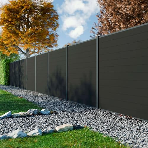 DECKLINEA Kit Clôture Bois Composite Anthracite 9x1,8m RIO - Poteaux en Aluminium Gris - Brise Vue - Palissade