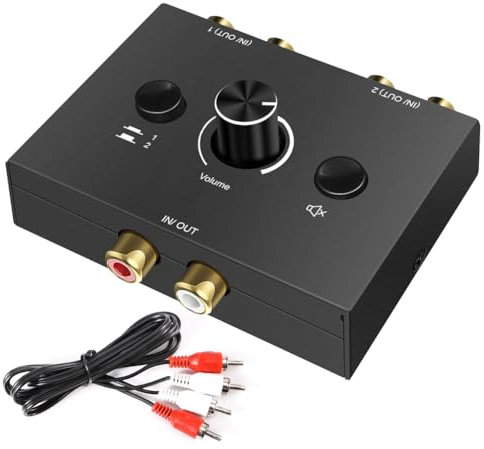 RCA Cinch Stereo Audio Switch 2(1)-In-1(2)-Out, Analog Stereo Audio Switcher mit Volume Control und RCA Kabel, Bidirektional Aux Selector Schalter Splitter Box für Computer/CD Player/PC Speaker