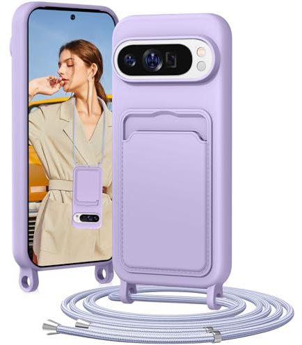 BENTIACC Handykette Silikon Hülle für Google Pixel 9 Pro XL mit Band, Handyhülle mit Kartenfach, Abnehmbar Kordel Kette, Stoßfeste Schutzhülle für Google Pixel 9 Pro XL (Lila)