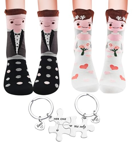 2 Paires Chaussette Cadeau Mariage avec porte-clés Puzzle en Acier Inoxydable Cadeau Couple Chaussettes Fantaisie Femme Homme Idee Cadeau Mariage Chaussette Drole pour Anniversaire Couple Cadeaux