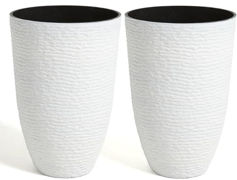 JonesHouseDeco 52cm Grand Pot, 2 PCS-35.5cm Dia Pot de Fleur Cylindrique Haut,Blanc Grande Rond Pot à Plantes Spacieux, in/Extérieur,Plantateurs Pierre d'imitation Plantateur Loft Porche Avant