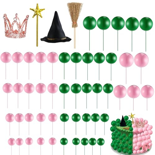 Decoración para tartas de fiesta temática de bruja rosa y verde, 44 piezas, corona de princesa, sombrero, escoba, varita de estrella, decoración para tartas para suministros de fiesta de cumpleaños