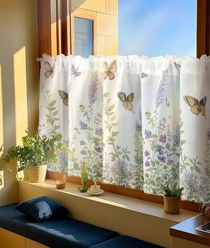 Daliena Kurzgardine mit Blumen Schmetterlinge Scheibengardinen Landhaus Stil Küchengardinen Halbtransparent Cafe Vorhang Fenstergardine mit Drucken (BxH 120x55cm) weiß 1 stück