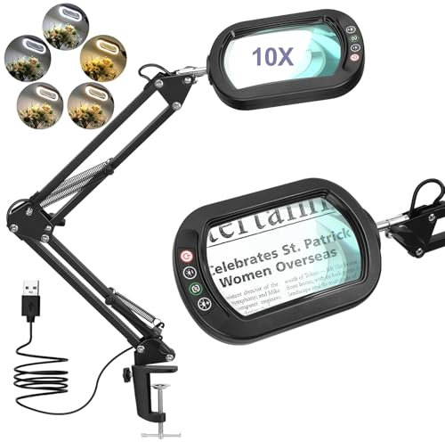 10X Square Magnifying Glass with Light and Clamp, Real Glass LED Lighted Magnifier and Stand, 5 Color Modes Stepless Dimmable, Hands-Free Mag Desk Lamp with Clamp for Reading Craft Hobby Close Work