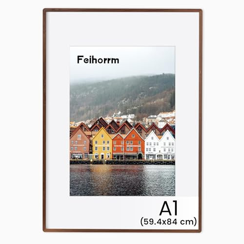 Feihorrm Massivholz Bilderrahmen, A1 Eiche Bilderrahmen, Mit gehärtetem Glas, Für 59,4x84 cm-Fotos ohne Passepartout oder 41x58,4 cm-Fotos mit Passepartout (Dunkel Braun, A1 (59,4x84 cm)/ 1x)