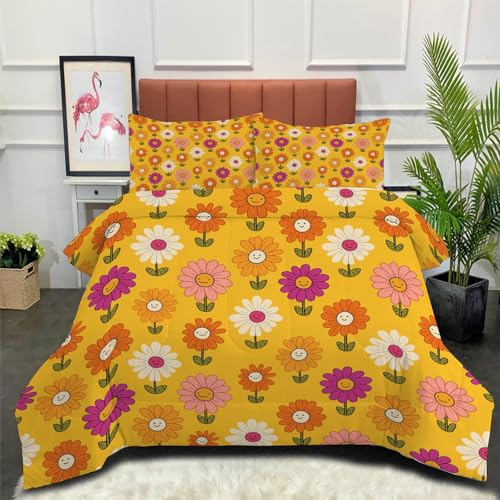 Edredón Relleno Nórdico 4 Estaciones Cama 105 200x200cm - Edredón Flores Sonrientes Retro Nórdico Estilo De Arte De Dibujos Animados Suave Transpirable para Invierno, Primavera y Otoño, Cúrcuma