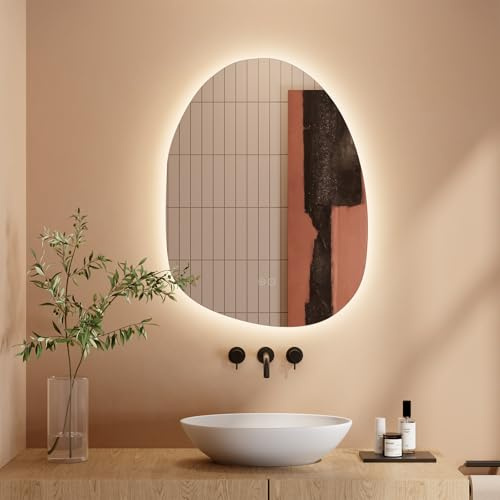 Dripex Miroir Salle de Bain 53 x 70cm, Miroir Asymétrique Salle de Bain avec éclairage LED, Interrupteur Tactile, Lumière Réglable 3 Couleurs, Anti-buée, Mémoire
