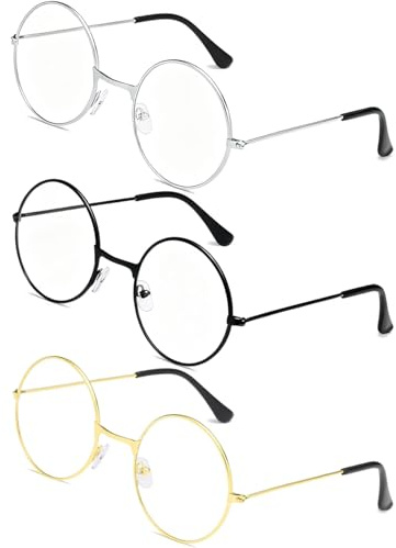 HUVZOR 3 Paia occhiali finti,Occhiali Trasparenti con Lenti Chiaro, Unisex Oro Retrò Montatura Occhiali Decorativo, Rotondi Ultrasottile Decorativo Occhiali da Vista Retro Eyewear per Uomini Donne