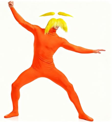 Générique 3pc Combinaison Intégrale Unisexe pour Homme Et Femme Costume d'Halloween Costume Lorax Ouvert- Avce Barbe+Sourcil Combinaison Seconde Peau Carnaval