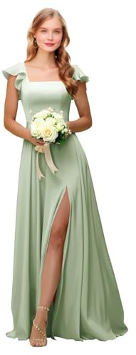 Abiti da damigella d'onore in raso con volant maniche corte collo quadrato abito da sposa lungo ospite una linea formale abito da sera con fessura, Verde salvia, 38