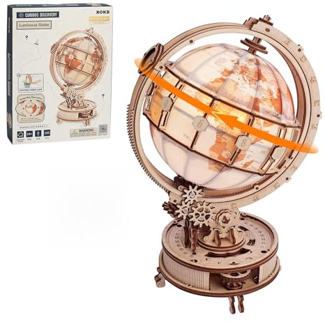 ROKR 3D Puzzle Globe with LED Light & Rotating Motor, 5-Hour Assembly Model, Educational Building Kit for Adults & Teens, Night Light Decoration