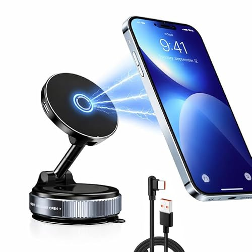 wowtravel Magnetic Car Phone Holder with Wireless Charging Vacuum Suction Cup 15W Fast Charge Car Mount for Dashboard Windshield Glass 360 Adjustable