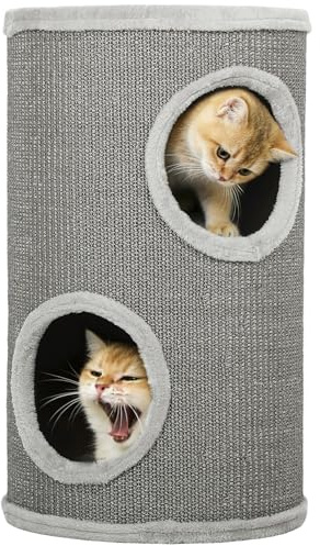 PawHut Kratztonne mit 2 Höhlen für 1-2 Katzen 60 cm Hoch Ø 35 cm Braun | Zweistöckige Katzentonne, Kratzbaum Mit Plüschrand, Katzenturm, Bis 5 kg