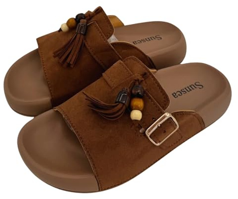 SUNSEA Sandalia Plana Mujer Estilo Bohemio con Detalle de Borla y Hebilla (Camel, Sistema tallas calzado EU, Adulto, Números, mediano, 37)