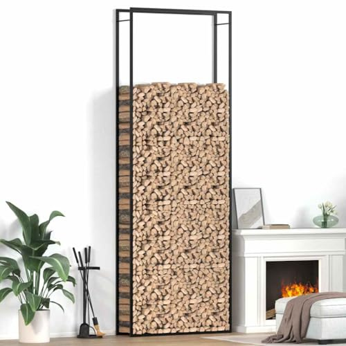 LoogCape Étagère à bûches - Noir mat - 110 x 28 x 312 cm - En acier - Support en bois pour le stockage sûr du bois de chauffage - Panier à bois pour poêle et jardin - Étagère en bois résistante aux