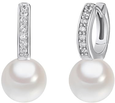 Rafaela Donata Damen-Ohrhänger 925/- Sterling Silber mit Muschelkernperle 10 mm Rund Weiß und Zirkonia - Perlenohrschmuck Klappcreolen