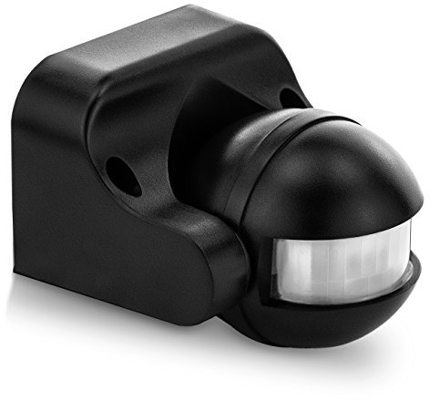 deleyCON 1x Infrarrojos Detector de Movimiento Montaje en Pared Interior Exterior a Prueba de Salpicaduras Inclinación 180° Área de Trabajo Alcance de 12m Negro