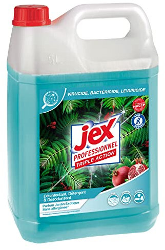 JEX - Nettoyant Sol & Surfaces Jardin Exotique - Nettoyant Multi-Usage Triple Action : Nettoie, Parfume, Désinfecte - Formule Compatible Contact Alimentaire - Fabrication Française - 5 L