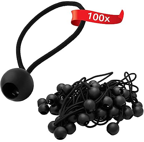 ECENCE 100 Piezas Tensores de Goma con Bolas - Gomas Elásticas de Plástico para Lonas, Carpas, Pabellones y Tiendas - Fijación Segura con Gran Fuerza Tensora - Negro