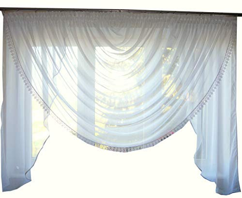 FKL DESIGN Home Deco Schöne Fertiggardine Fenstergardine Gardine aus Voile mit Gipüre Faltenband Kräuselband Store Kurz Modern Weiß 160-200 cm AG42