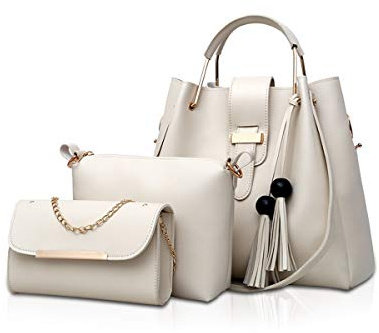 NICOLE & DORIS - Bolso de mano y cartera para mujer, 3 unidades, bolso de hombro de piel sintética, bolsa de hombro, cadena de conjuntos de bolsas, beige, large, Bolso de mano